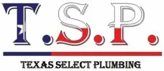 A red white and blue logo for texas select plumbing.